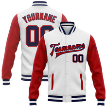 Laden Sie das Bild in den Galerie-Viewer, Custom White Navy-Red Bomber Full-Snap Varsity Letterman Two Tone Jacket