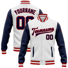 Laden Sie das Bild in den Galerie-Viewer, Custom White Navy-Red Bomber Full-Snap Varsity Letterman Two Tone Jacket