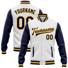 Загрузить изображение в средство просмотра галереи, Custom White Navy-Gold Bomber Full-Snap Varsity Letterman Two Tone Jacket