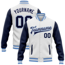 Загрузить изображение в средство просмотра галереи, Custom White Navy-Light Blue Bomber Full-Snap Varsity Letterman Two Tone Jacket