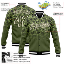 Laden Sie das Bild in den Galerie-Viewer, Custom Olive Olive Cream-Black 3D Bomber Full-Snap Varsity Letterman Salute To Service Jacket