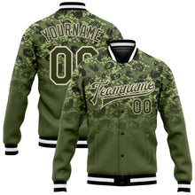 Laden Sie das Bild in den Galerie-Viewer, Custom Olive Olive Cream-Black 3D Bomber Full-Snap Varsity Letterman Salute To Service Jacket