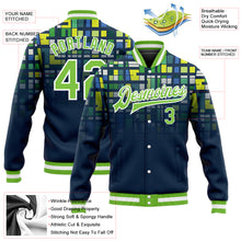 Laden Sie das Bild in den Galerie-Viewer, Custom Navy Neon Green-White 3D Pattern Design Bomber Full-Snap Varsity Letterman Jacket