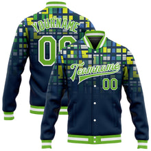 Laden Sie das Bild in den Galerie-Viewer, Custom Navy Neon Green-White 3D Pattern Design Bomber Full-Snap Varsity Letterman Jacket