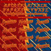 Laden Sie das Bild in den Galerie-Viewer, Custom Navy Red-Gold 3D Pattern Design Bomber Full-Snap Varsity Letterman Jacket