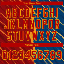 Laden Sie das Bild in den Galerie-Viewer, Custom Navy Red-Gold 3D Pattern Design Bomber Full-Snap Varsity Letterman Jacket