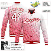 Laden Sie das Bild in den Galerie-Viewer, Custom Red White 3D Pattern Design Bomber Full-Snap Varsity Letterman Jacket
