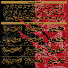Загрузить изображение в средство просмотра галереи, Custom Graffiti Pattern Black Red-Old Gold 3D Bomber Full-Snap Varsity Letterman Jacket