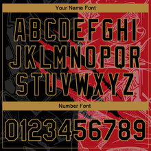 Загрузить изображение в средство просмотра галереи, Custom Graffiti Pattern Black Red-Old Gold 3D Bomber Full-Snap Varsity Letterman Jacket