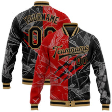 Загрузить изображение в средство просмотра галереи, Custom Graffiti Pattern Black Red-Old Gold 3D Bomber Full-Snap Varsity Letterman Jacket