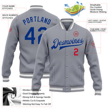 Загрузить изображение в средство просмотра галереи, Custom Gray Royal-Red Bomber Full-Snap Varsity Letterman Jacket