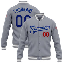 Загрузить изображение в средство просмотра галереи, Custom Gray Royal-Red Bomber Full-Snap Varsity Letterman Jacket