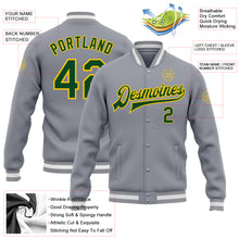 Load image into Gallery viewer, Custom Gray Green-Gold Bomber Full-Snap Varsity Letterman Jacket