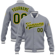 Load image into Gallery viewer, Custom Gray Green-Gold Bomber Full-Snap Varsity Letterman Jacket