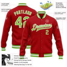 Laden Sie das Bild in den Galerie-Viewer, Custom Red Neon Green-White Bomber Full-Snap Varsity Letterman Jacket