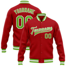 Laden Sie das Bild in den Galerie-Viewer, Custom Red Neon Green-White Bomber Full-Snap Varsity Letterman Jacket