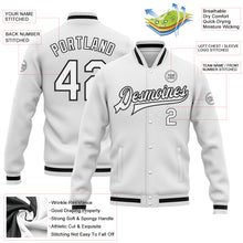 Laden Sie das Bild in den Galerie-Viewer, Custom White White-Black Bomber Full-Snap Varsity Letterman Jacket