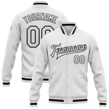 Laden Sie das Bild in den Galerie-Viewer, Custom White White-Black Bomber Full-Snap Varsity Letterman Jacket