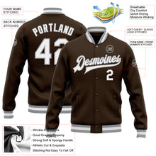 Load image into Gallery viewer, Custom Brown White-Gray Bomber Full-Snap Varsity Letterman Jacket