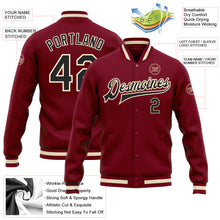 Загрузить изображение в средство просмотра галереи, Custom Crimson Black Cream-Maroon Bomber Full-Snap Varsity Letterman Jacket