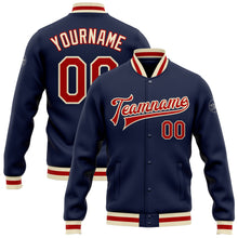 Загрузить изображение в средство просмотра галереи, Custom Navy Red-Cream Bomber Full-Snap Varsity Letterman Jacket