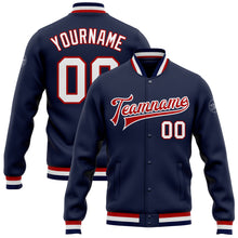 Загрузить изображение в средство просмотра галереи, Custom Navy White-Red Bomber Full-Snap Varsity Letterman Jacket