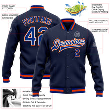 Загрузить изображение в средство просмотра галереи, Custom Navy Royal-Orange Bomber Full-Snap Varsity Letterman Jacket
