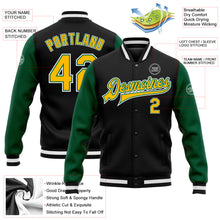 Charger l'image dans la galerie, Custom Black Gold-Kelly Green Bomber Full-Snap Varsity Letterman Two Tone Jacket