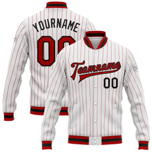 Charger l'image dans la galerie, Custom White Red Pinstripe Red-Black Bomber Full-Snap Varsity Letterman Jacket