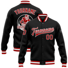 Load image into Gallery viewer, Custom Black Red-White Bomber Full-Snap Varsity Letterman Jacket