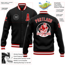 Load image into Gallery viewer, Custom Black Red-White Bomber Full-Snap Varsity Letterman Jacket