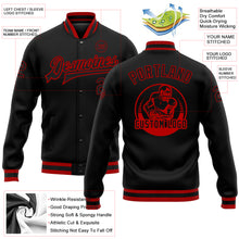 Laden Sie das Bild in den Galerie-Viewer, Custom Black Black-Red Bomber Full-Snap Varsity Letterman Jacket