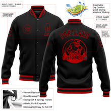 Laden Sie das Bild in den Galerie-Viewer, Custom Black Black-Red Bomber Full-Snap Varsity Letterman Jacket