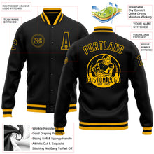 Laden Sie das Bild in den Galerie-Viewer, Custom Black Black-Gold Bomber Full-Snap Varsity Letterman Jacket