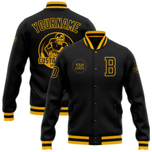 Laden Sie das Bild in den Galerie-Viewer, Custom Black Black-Gold Bomber Full-Snap Varsity Letterman Jacket