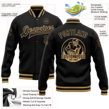 Load image into Gallery viewer, Custom Black Black-Old Gold Bomber Full-Snap Varsity Letterman Jacket