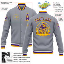 Charger l'image dans la galerie, Custom Gray Purple-Gold Bomber Full-Snap Varsity Letterman Jacket