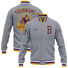 Charger l'image dans la galerie, Custom Gray Purple-Gold Bomber Full-Snap Varsity Letterman Jacket
