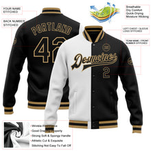 Загрузить изображение в средство просмотра галереи, Custom White Black-Old Gold Bomber Full-Snap Varsity Letterman Split Fashion Jacket
