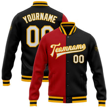 Загрузить изображение в средство просмотра галереи, Custom Black White Red-Gold Bomber Full-Snap Varsity Letterman Split Fashion Jacket