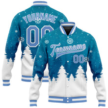 Laden Sie das Bild in den Galerie-Viewer, Custom Teal Light Blue-White Christmas 3D Bomber Full-Snap Varsity Letterman Jacket