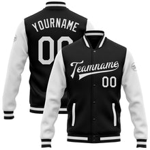 Laden Sie das Bild in den Galerie-Viewer, Custom Black White Bomber Full-Snap Varsity Letterman Two Tone Jacket