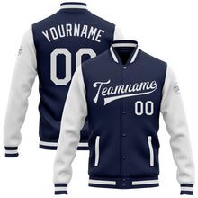 Charger l'image dans la galerie, Custom Navy White Bomber Full-Snap Varsity Letterman Two Tone Jacket