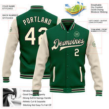 Laden Sie das Bild in den Galerie-Viewer, Custom Kelly Green Cream-Black Bomber Full-Snap Varsity Letterman Two Tone Jacket