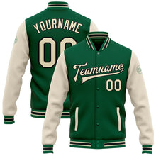 Laden Sie das Bild in den Galerie-Viewer, Custom Kelly Green Cream-Black Bomber Full-Snap Varsity Letterman Two Tone Jacket