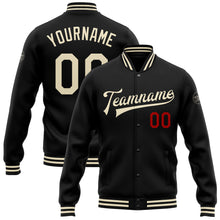 Загрузить изображение в средство просмотра галереи, Custom Black Cream-Red Bomber Full-Snap Varsity Letterman Jacket