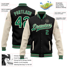 Загрузить изображение в средство просмотра галереи, Custom Black Kelly Green-Cream Bomber Full-Snap Varsity Letterman Two Tone Jacket
