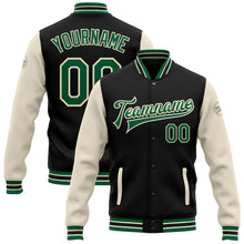 Загрузить изображение в средство просмотра галереи, Custom Black Kelly Green-Cream Bomber Full-Snap Varsity Letterman Two Tone Jacket