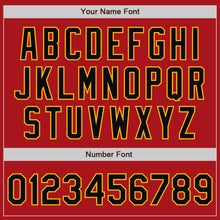 Laden Sie das Bild in den Galerie-Viewer, Custom Red Black-Gold Bomber Full-Snap Varsity Letterman Two Tone Jacket