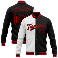 Laden Sie das Bild in den Galerie-Viewer, Custom White Black-Red Bomber Full-Snap Varsity Letterman Split Fashion Jacket